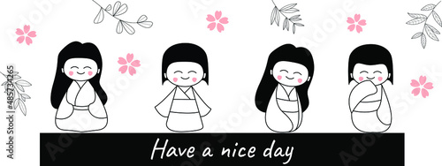 Cute hand drawn Japanese Kokeshi Doll Art. No gradient used, easy to print and recolor vector illustration
