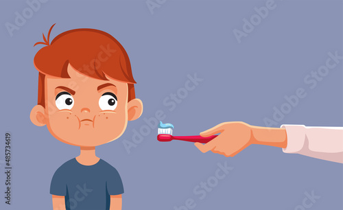 Little Boy Refusing to Brush Her Teeth Vector Cartoon Illustration