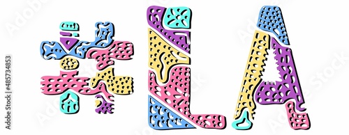 LA Hashtag. Multicolored bright isolate curves doodle letters. Hashtag #LA is abbreviation for the US American state Louisiana for social network, web resources, mobile apps.
