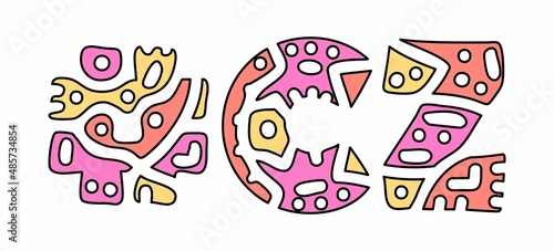 CZ Hashtag. Doodle isolate text. Colored curves decorative doodle letters. Hashtag #CZ is abbreviation for the Czech Republic for print, booklet, banner, flyer. Stock vector.