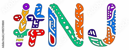 NJ Hashtag. Multicolored bright isolate curves doodle letters. Hashtag #NJ is abbreviation for the US American state New Jersey for social network, web resources, mobile apps.