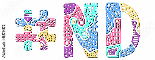 ND Hashtag. Multicolored bright isolate curves doodle letters. Hashtag #ND is abbreviation for the US American state North Dakota for social network, web resources, mobile apps.