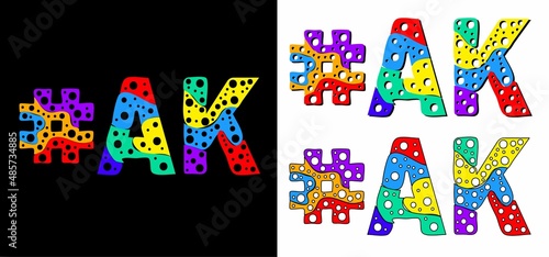Hashtag #AK set. Multicolor bright funny cartoon colorful doodle bubble isolated text. Rainbow colors. Hashtag #AK is abbreviation for the US American state Alaska for print, social network.