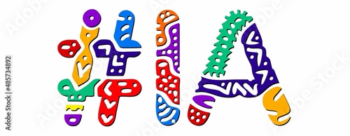 IA Hashtag. Multicolored bright isolate curves doodle letters. Hashtag #IA is abbreviation for the US American state Iowa for social network, web resources, mobile apps.