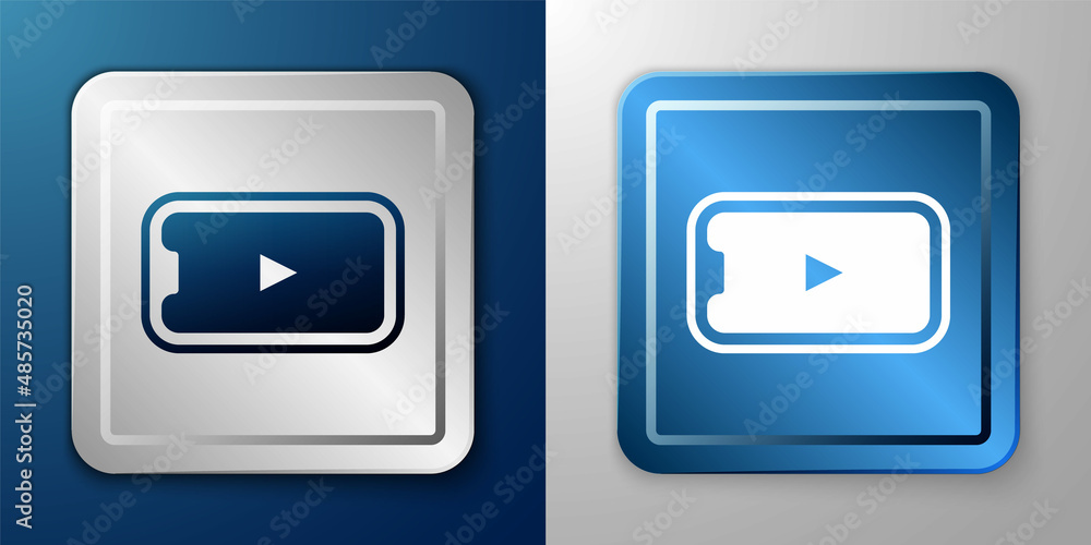 White Online play video icon isolated on blue and grey background. Smartphone and film strip with play sign. Silver and blue square button. Vector White Online play video icon isolated on blue and grey background. Smartphone and film strip with play sign. Silver and blue square button. Vector