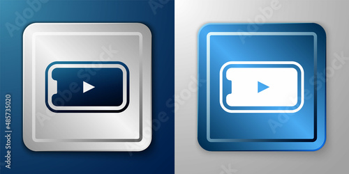 White Online play video icon isolated on blue and grey background. Smartphone and film strip with play sign. Silver and blue square button. Vector