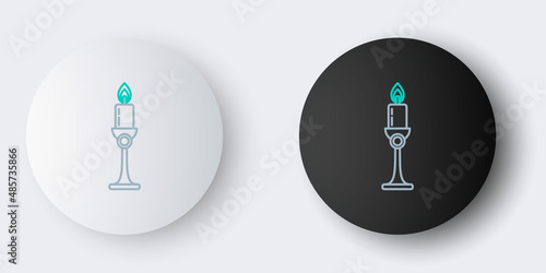 Line Burning candle in candlestick icon isolated on grey background. Old fashioned lit candle. Cylindrical candle stick with burning flame. Colorful outline concept. Vector