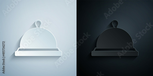 Paper cut Covered with a tray of food icon isolated on grey and black background. Tray and lid sign. Restaurant cloche with lid. Paper art style. Vector