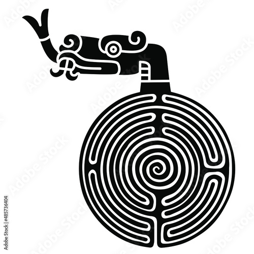 Round spiral maze or labyrinth symbol with head of Aztec snake or dragon. Creative concept. Black and white silhouette.