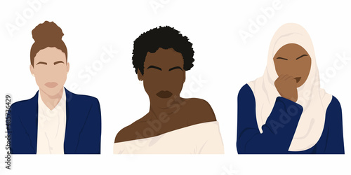 Three portraits of women of different races, a Muslim woman, an African American woman, a white woman. Minimalistic faceless portraits. The concept of equality and sisterhood
