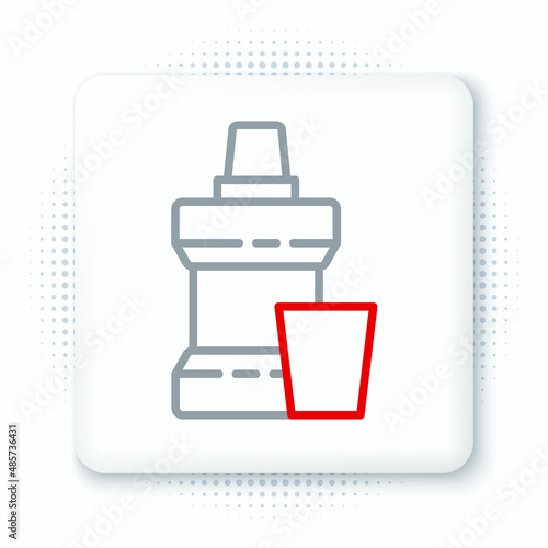 Line Mouthwash plastic bottle and glass icon isolated on white background. Liquid for rinsing mouth. Oralcare equipment. Colorful outline concept. Vector