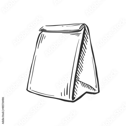 Delivery bag sketch. Paper Bag for Grocery Shopping. Packaging for breakfast. Vector hand drawn illustration