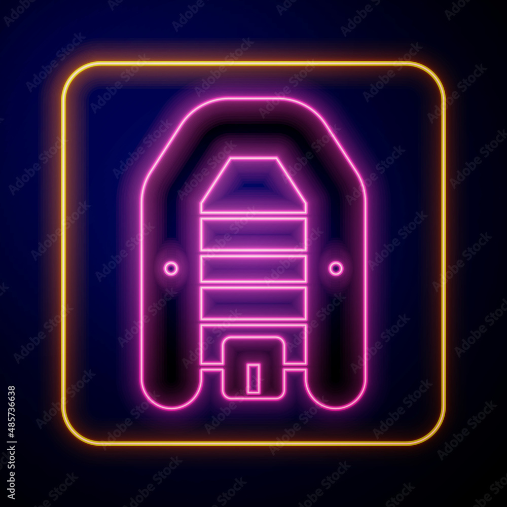 Glowing neon Inflatable boat with outboard motor icon isolated on black background. Vector Glowing neon Inflatable boat with outboard motor icon isolated on black background. Vector