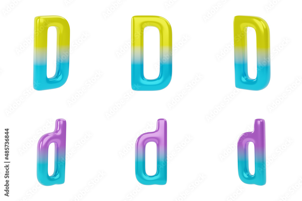Gradient Letter D on white background. Uppercase and lowercase. 3d render illustration Gradient Letter D on white background. Uppercase and lowercase. 3d render illustration