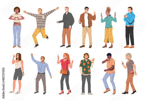 Set of Happiness Emotions Symbols. Various People Showing Positive Body Language Gestures. Woman and Man Show Victory, Heart, Love and Thumb Up Symbols. Happy People. Cartoon Flat Vector Illustration