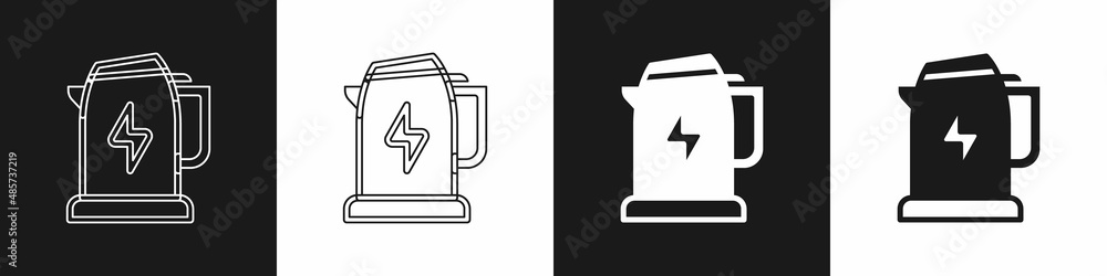 Set Electric kettle icon isolated on black and white background. Teapot icon. Vector