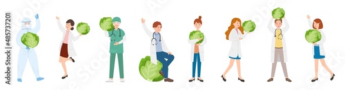 8 paramedic man or woman doctor or laboratory staff composition, medical worker with vegetables, agricultural products cartoon vector