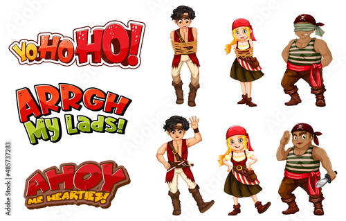 Set of pirate cartoon characters and objects