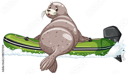 Seal on inflatable boat in cartoon style