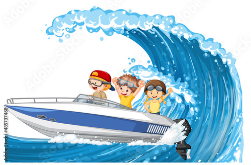 A boy driving boat with his friends