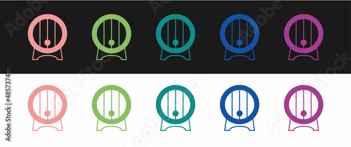 Set Wooden barrel on rack with stopcock icon isolated on black and white background. Vector