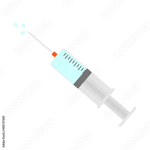 clinical syringe with hypodermic needle contains blue liquid medicine or vaccine for injection isolated on white background
