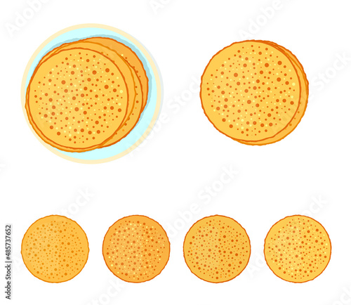 Pancakes are thin in assortment, stacked on top of each other, pancakes one by one, a set. Vector illustration, flat cartoon color design, isolated on white background, eps 10.