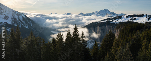 Dramatic Alps mountains landscape with low misty clouds and pine tree forests at the ski resort of Morzine, France, Europe