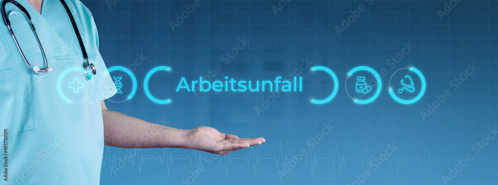 Arbeitsunfall (Betriebsunfall). Arzt streckt Hand aus. Interface mit Text und Icons. Medizin digital Arbeitsunfall (Betriebsunfall). Arzt streckt Hand aus. Interface mit Text und Icons. Medizin digital