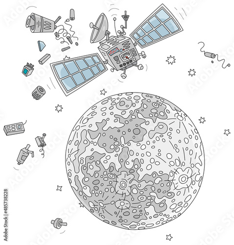 Wrecked and shattered scientific satellite in orbit around the Moon, vector cartoon illustration isolated on a white background