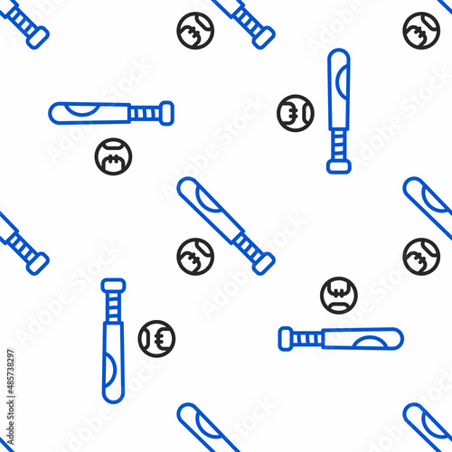 Line Baseball bat with ball icon isolated seamless pattern on white background. Colorful outline concept. Vector