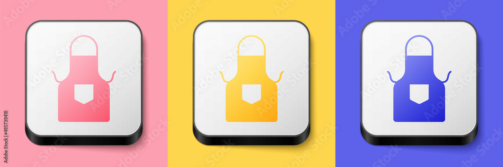 Isometric Kitchen apron icon isolated on pink, yellow and blue background. Chef uniform for cooking. Square button. Vector Isometric Kitchen apron icon isolated on pink, yellow and blue background. Chef uniform for cooking. Square button. Vector