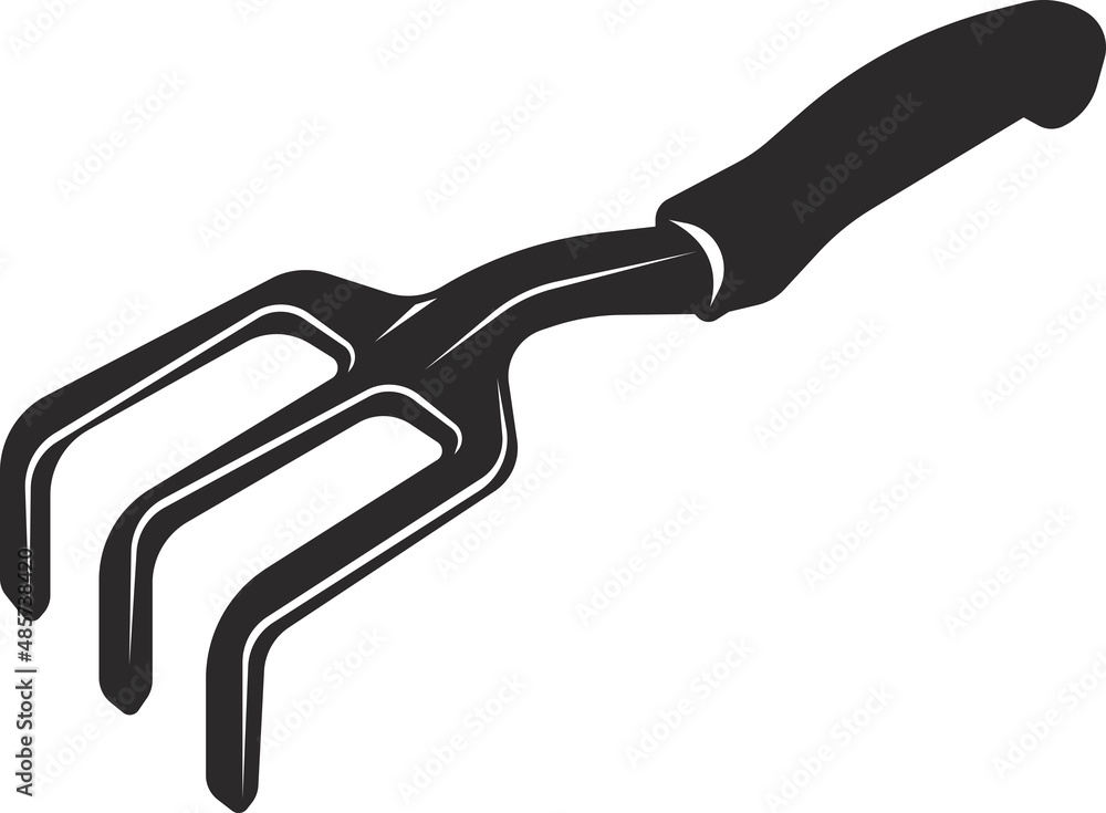 Garden rake for loosening beds. Black flat symbol. Garden rake for loosening beds. Black flat symbol.