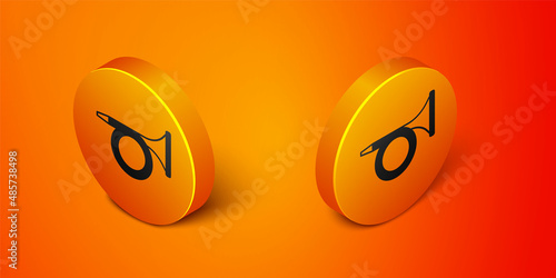 Isometric Trumpet icon isolated on orange background. Musical instrument. Orange circle button. Vector © Iryna