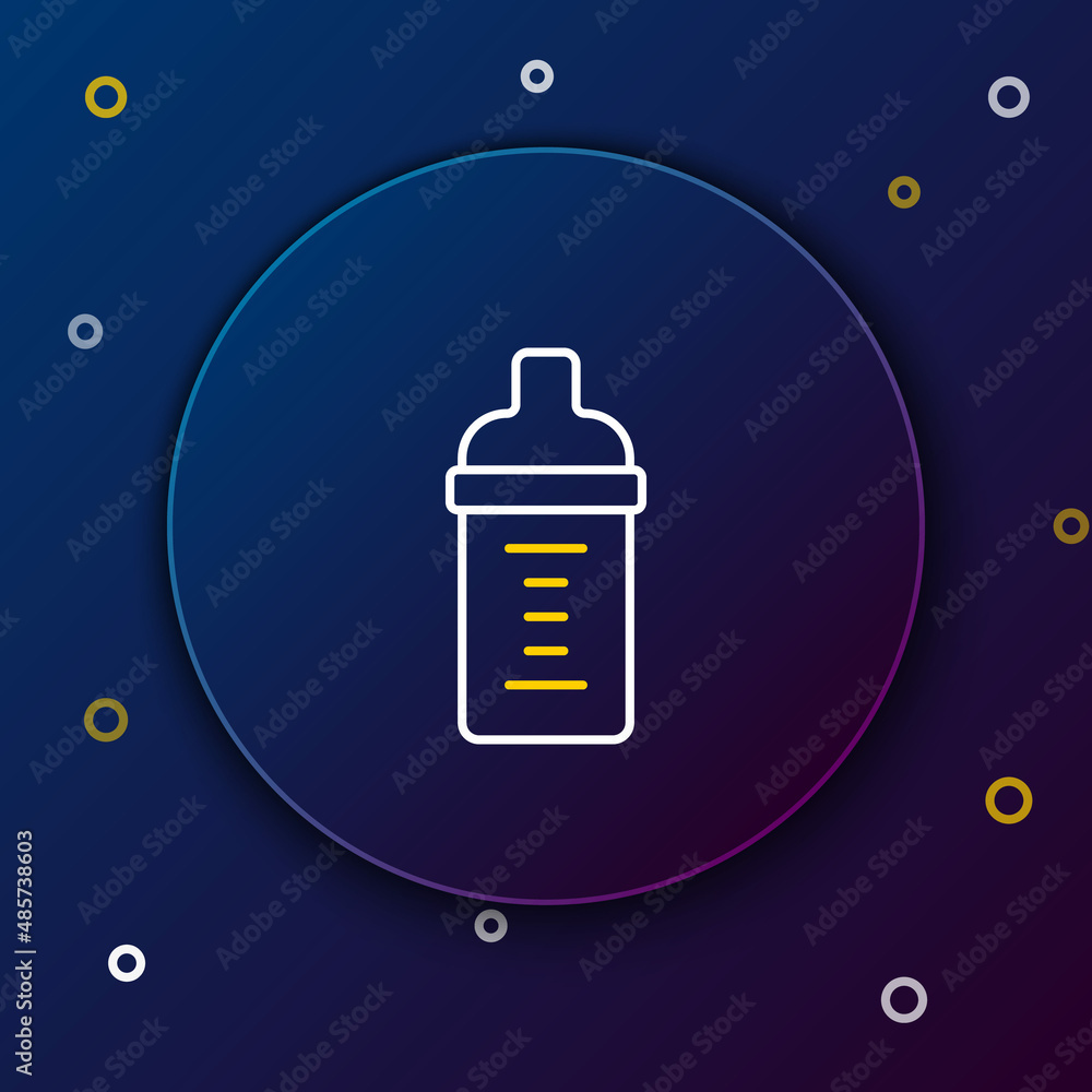 Line Baby milk in a bottle icon isolated on blue background. Feeding bottle icon. Colorful outline concept. Vector