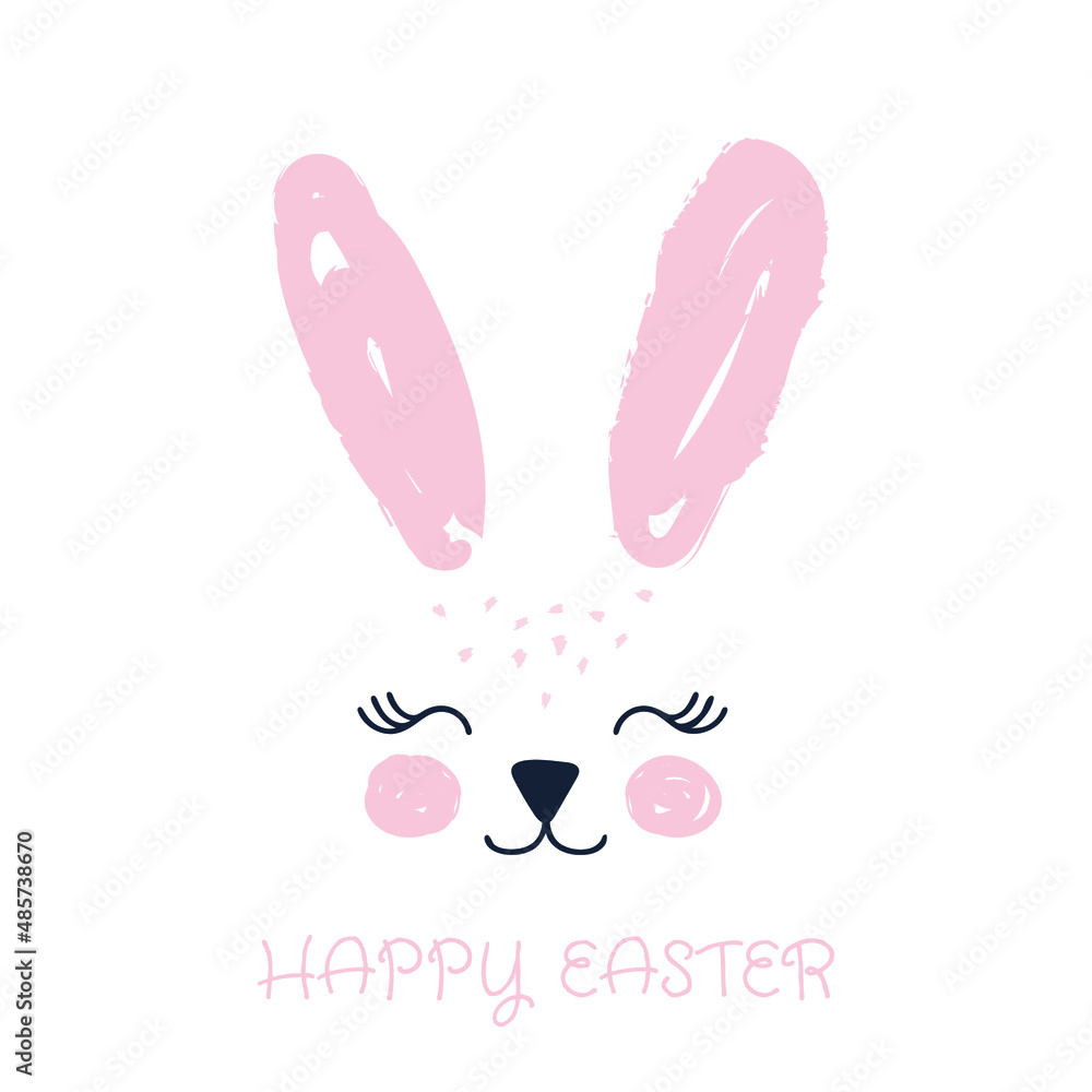 Happy Easter greeting card, poster, with cute, sweet hand drawn watercolor bunny