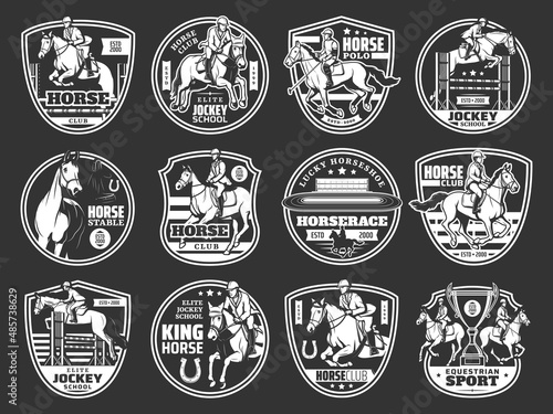Horse riding, polo and jockey school icons. Equestrian sport tournament, horserace monochrome vector emblems with horseshoe, jockey on stallion horse jumping over obstacle and polo player with stick