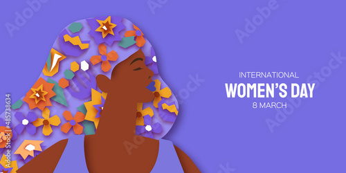 Female portrait with paper cut flowers. Happy Women's day. Happy Mother's Day. Abstract Hand drawn paper cut floral shapes. Trendy contemporary art. 8 March. Spring. Very peri color.