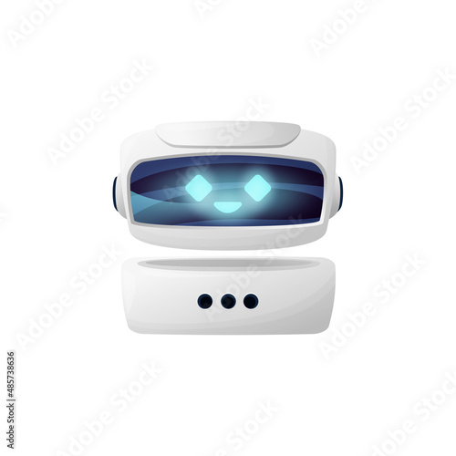 Chatbot helper with glowing eyes and smile isolated robot online assistant. Vector robot with digital screen and cute kind face, customer service character. Modern technologies virtual helper