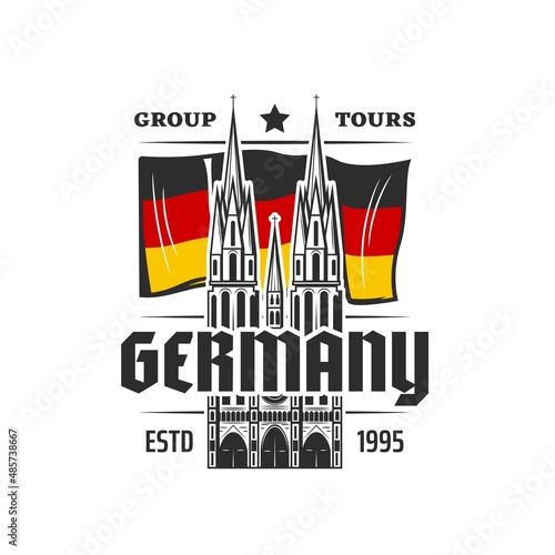 Germany travel icon. Vector flag and medieval Cologne cathedral catholic church with gothic towers. German travel landmark and national banner, tourism and sightseeing isolated sign