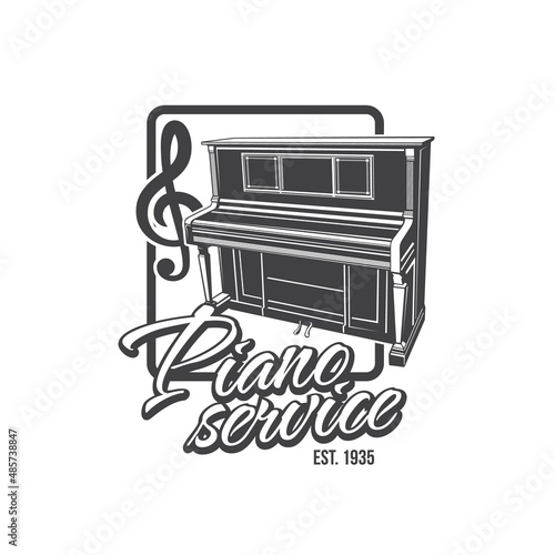 Piano service icon. Classic keyboard stringed musical instruments repair and tuning service monochrome vector icon or retro emblem with vintage upright piano, music treble clef and typography