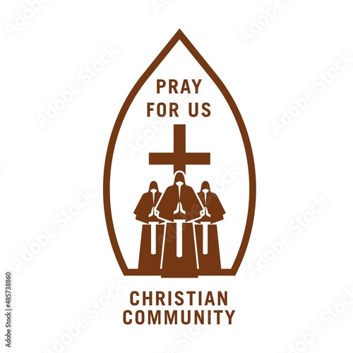 Christian community icon of Christianity, religion, Christian church or ministry vector design. Cross symbol of faith or Jesus Christ with brown silhouettes of praying people, isolated religious sign