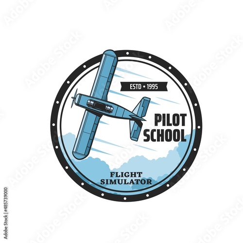 Pilot school flight simulator icon. Flying club round emblem or retro sticker, pilot academy or training center vector symbol with vintage propeller monoplane airplane, old aircraft flying in sky