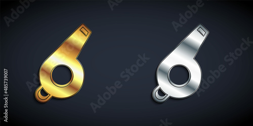 Gold and silver Whistle icon isolated on black background. Referee symbol. Fitness and sport sign. Long shadow style. Vector