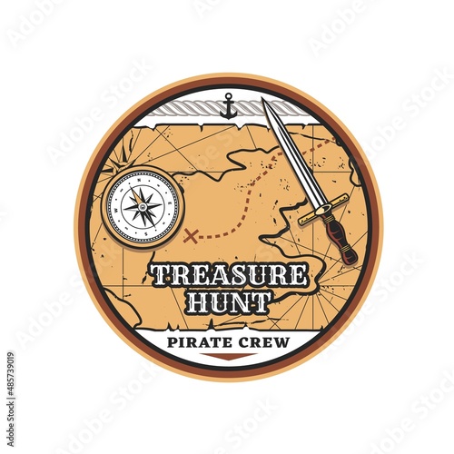 Treasure hunting vector icon. Pirate map of treasure island, vintage compass and wind rose, anchor, dagger and rope. Pirate ship navigation items and treasure map with route, adventure journey