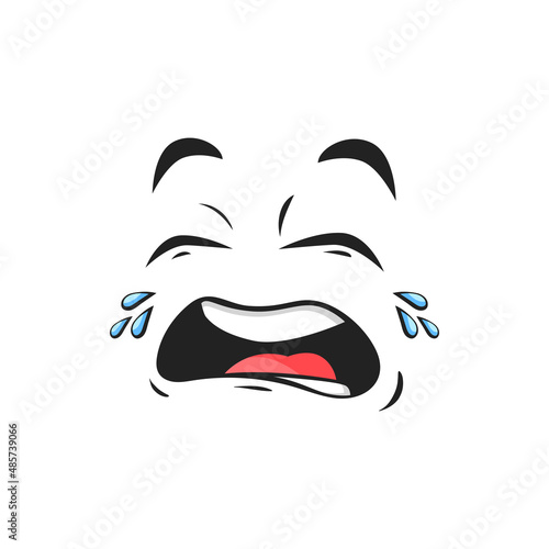 Cartoon crying face, upset emoji with tears falling from eyes. Vector dissatisfied facial expression, weepie, crybaby unhappy negative feelings isolated on white background
