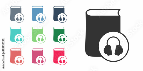 Black Audio book icon isolated on white background. Book with headphones. Audio guide sign. Online learning concept. Set icons colorful. Vector