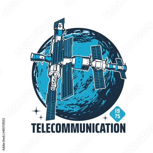 Orbital station and Earth planet. Telecommunication technology, navigational and science artificial satellite on planet orbit retro vector icon. International space station module in outer space