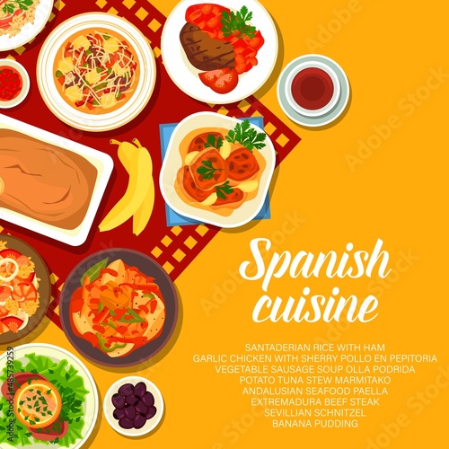 Spanish cuisine vector menu cover santaderian rice with ham, garlic chicken with sherry pollo en pepitoria. Vegetable sausage soup olla podrida, potato tuna stew marmitako, andalusian seafood paella