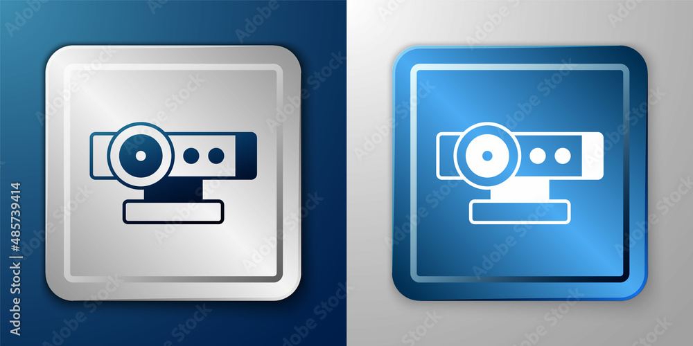 White Web camera icon isolated on blue and grey background. Chat camera. Webcam icon. Silver and blue square button. Vector White Web camera icon isolated on blue and grey background. Chat camera. Webcam icon. Silver and blue square button. Vector